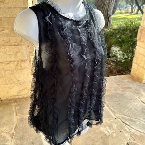 Maeve Sheer Dark Navy Boucle Ruffled Blouse